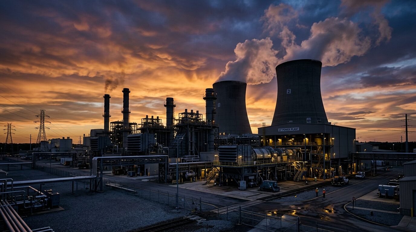 Power generation plant with gas turbines at dusk